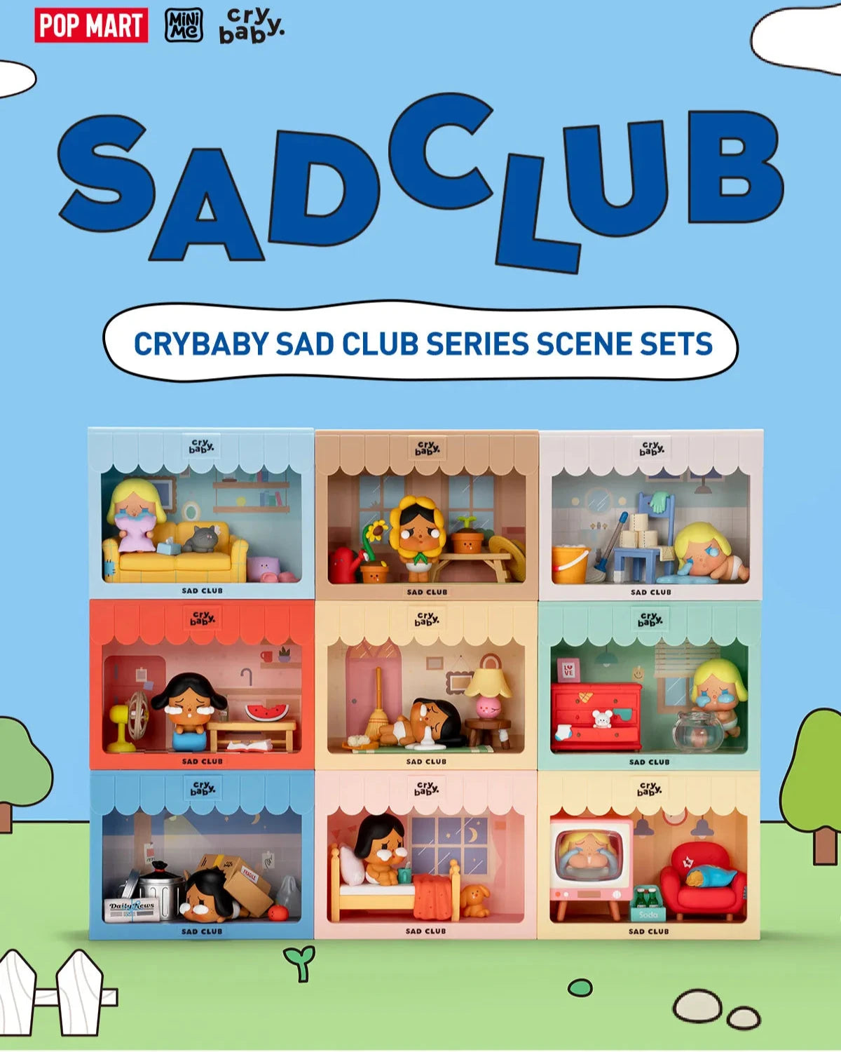 Advertisement for Crybaby Sad Club series scene sets with colorful illustrations on a blue background.
