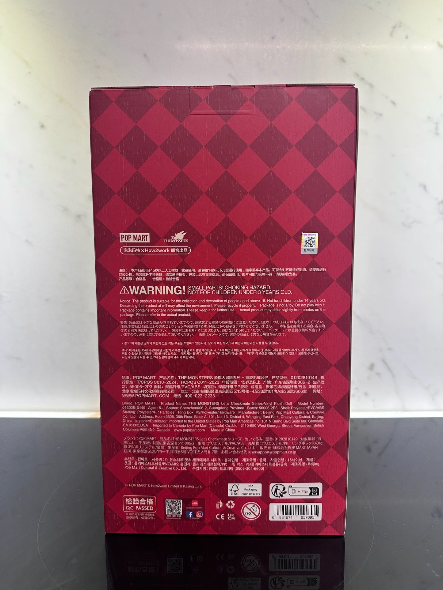 Red checkered box with text and symbols on a white background