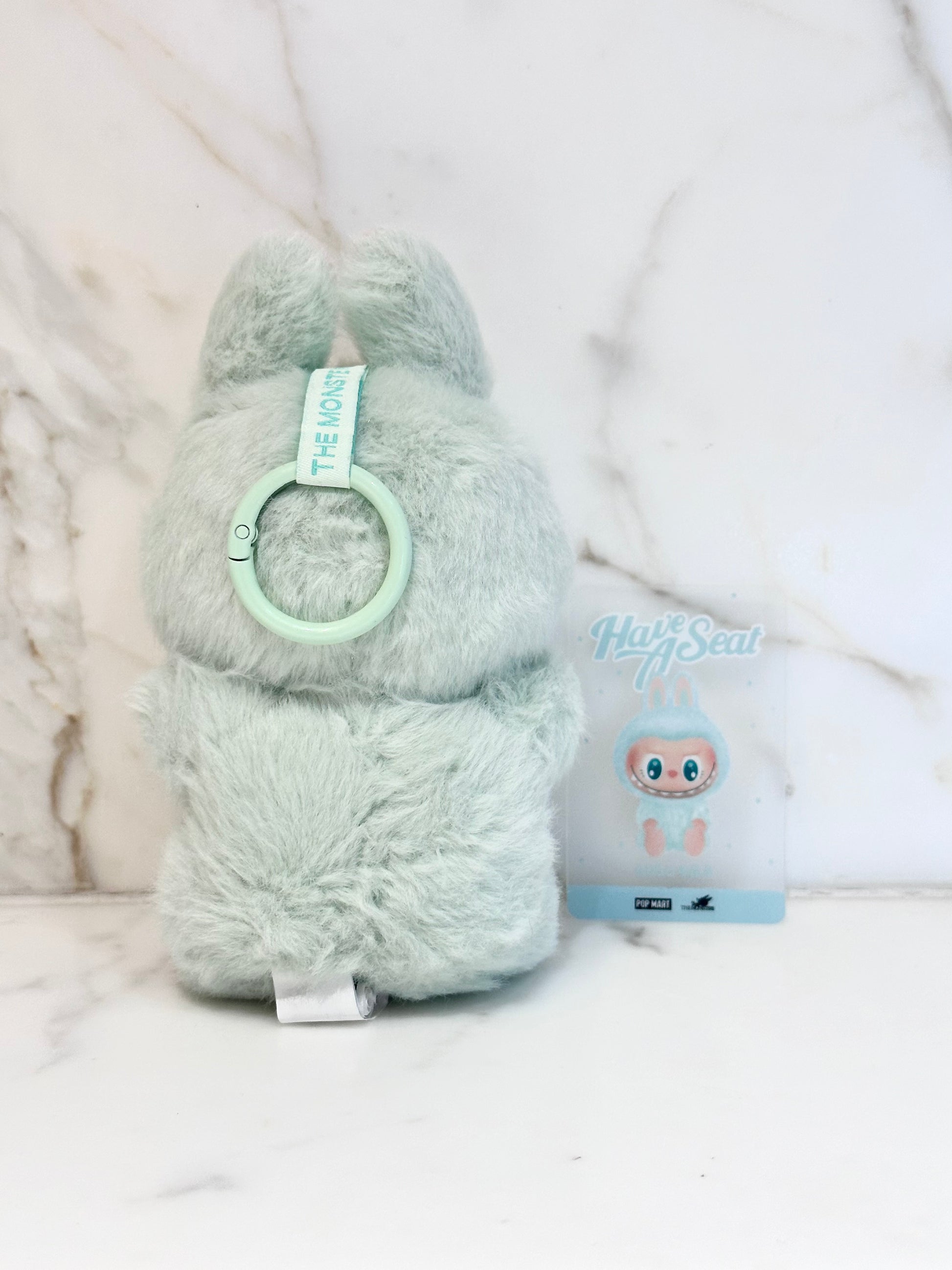Plush toy with a green ring and a small pillow with branding on a white background