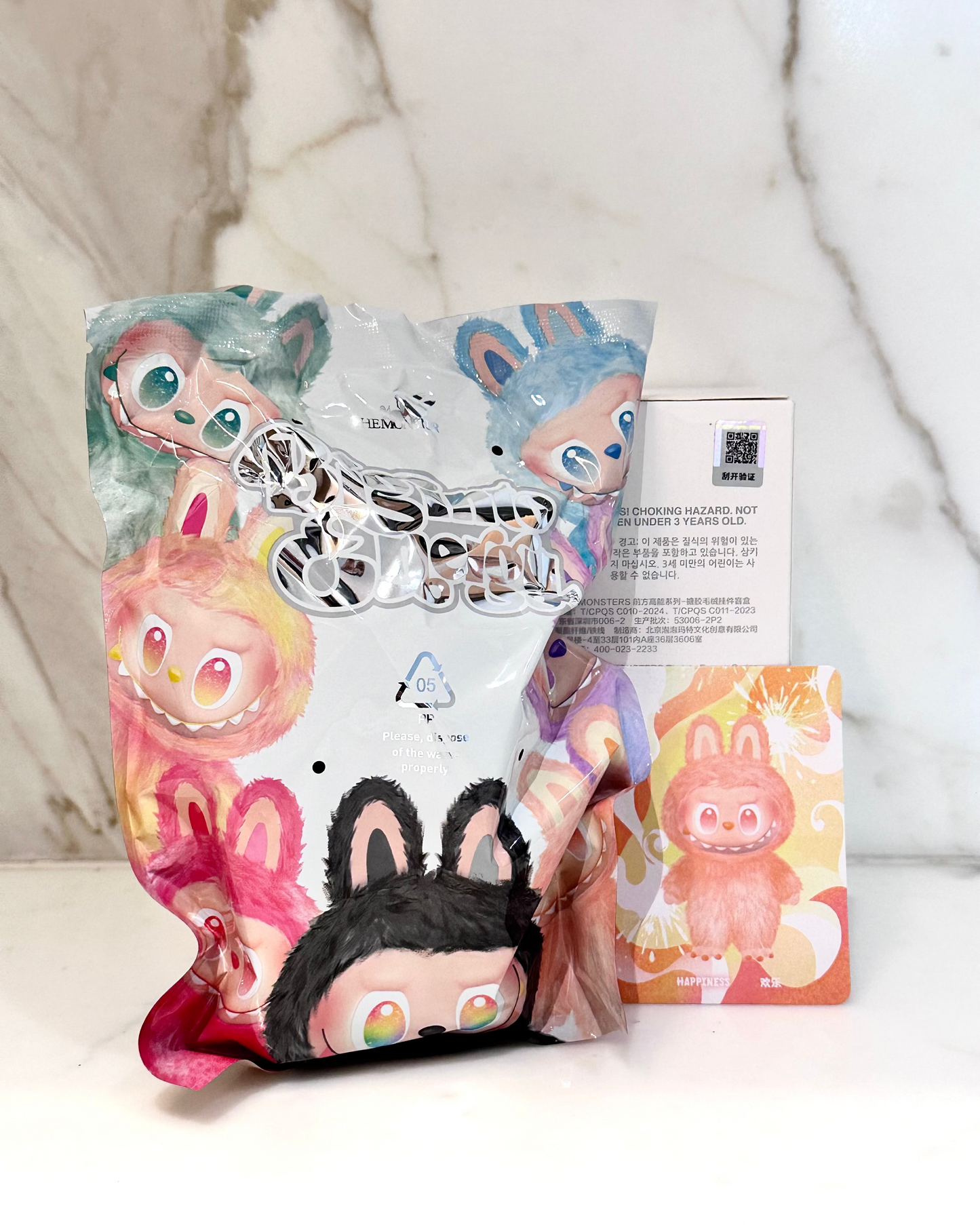 Product packaging with cartoon characters on a white surface