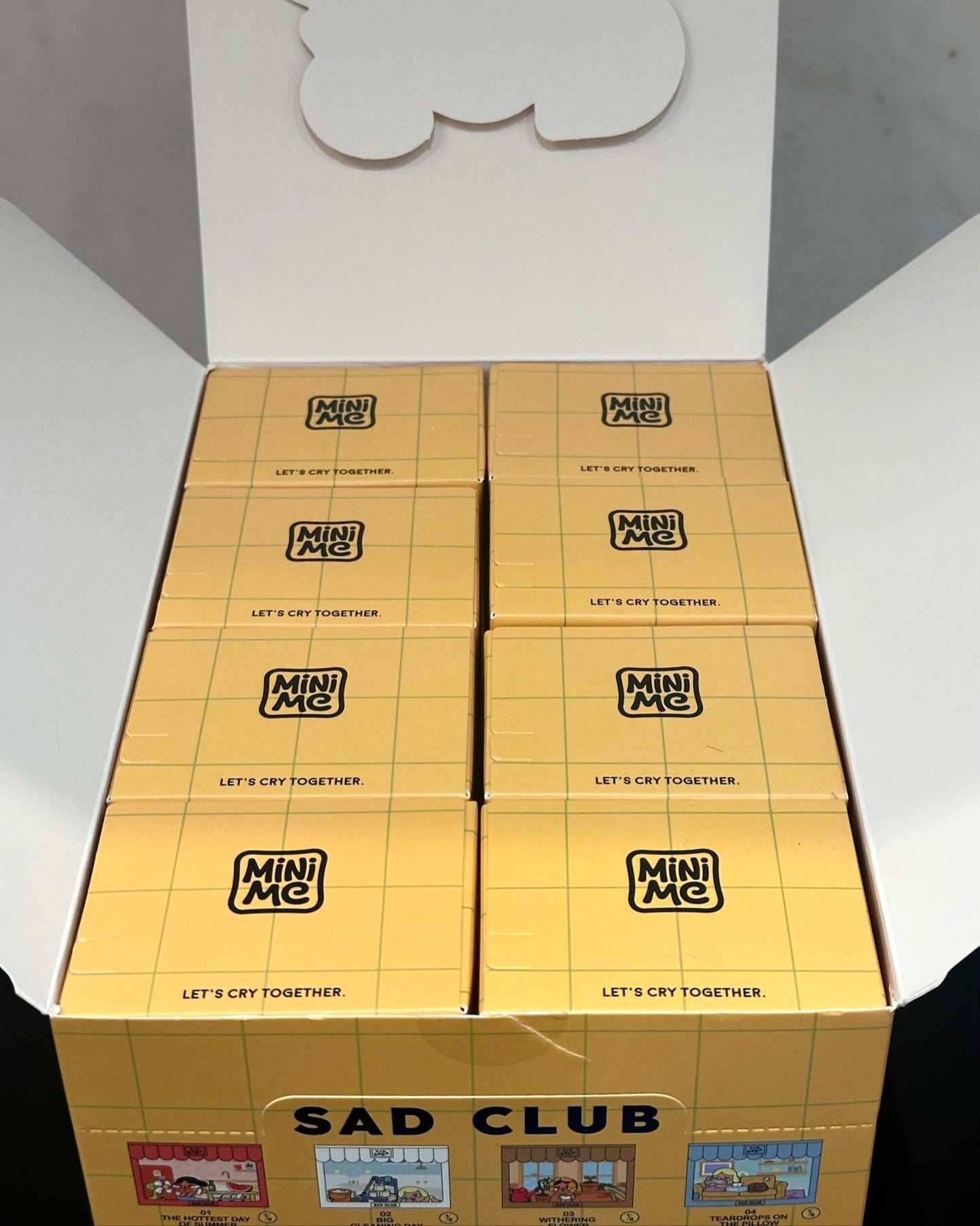 Box with 'MINI ME' and 'SAD CLUB' branding on a white background