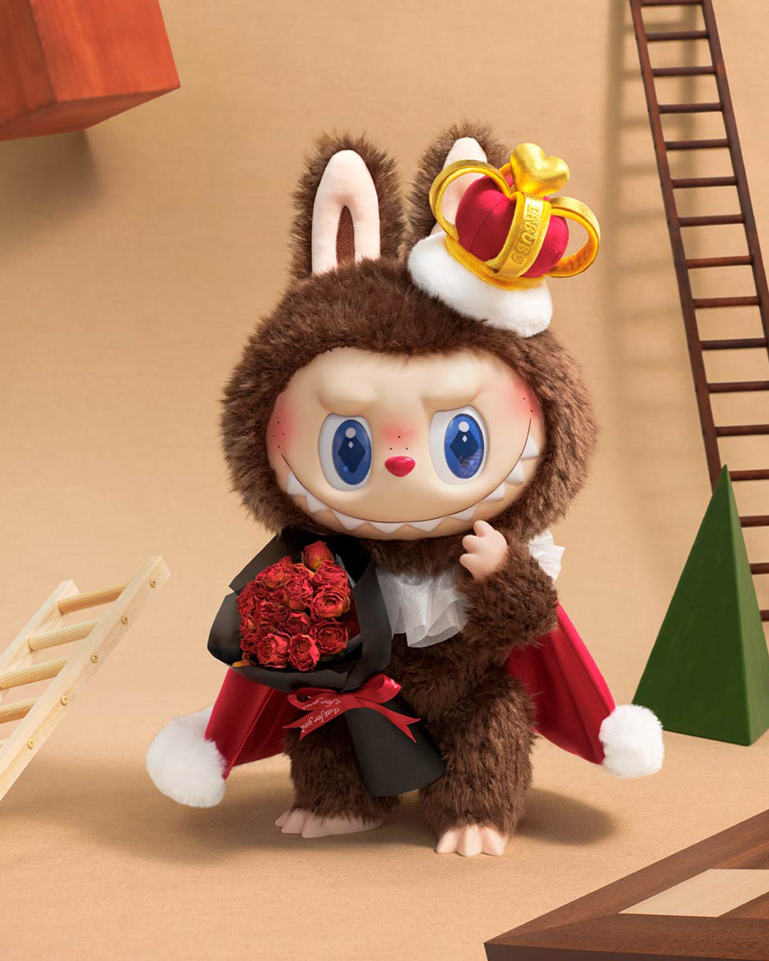 Toy figure of a character in a brown outfit with a crown and red flowers on a beige background