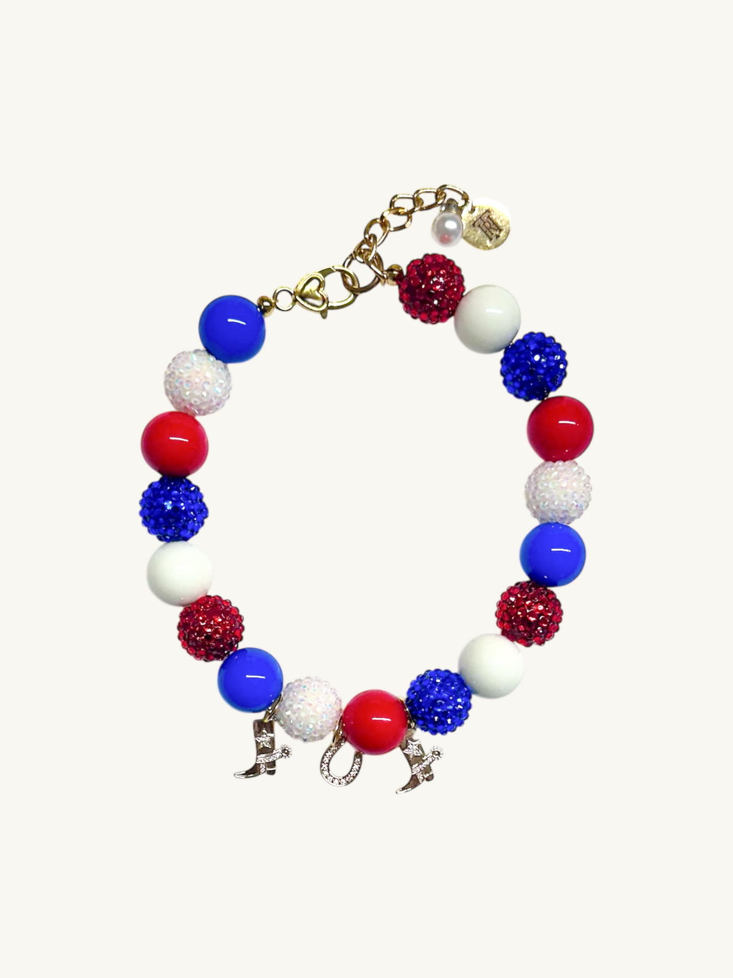 red white and blue pet luxury beaded necklaces for dogs and cats with western gold charms.