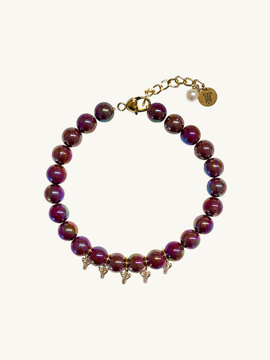 Brown AB color of pet luxury beaded necklaces for dogs and cats with cactus gold charms.