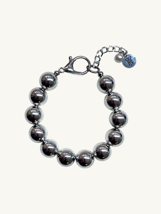 pet luxury metallic, in silver,  beaded necklaces handmade in New York City.