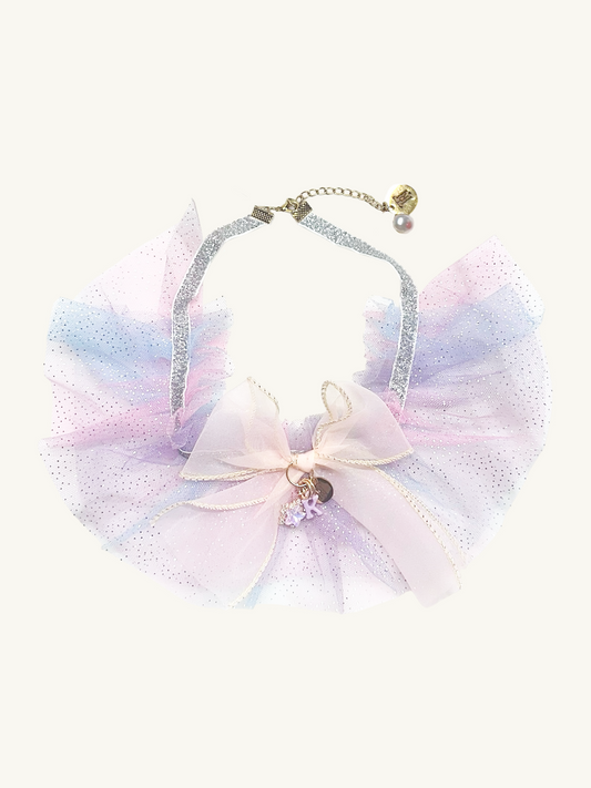 Pastel-colored butterfly necklace with a bow on a white background