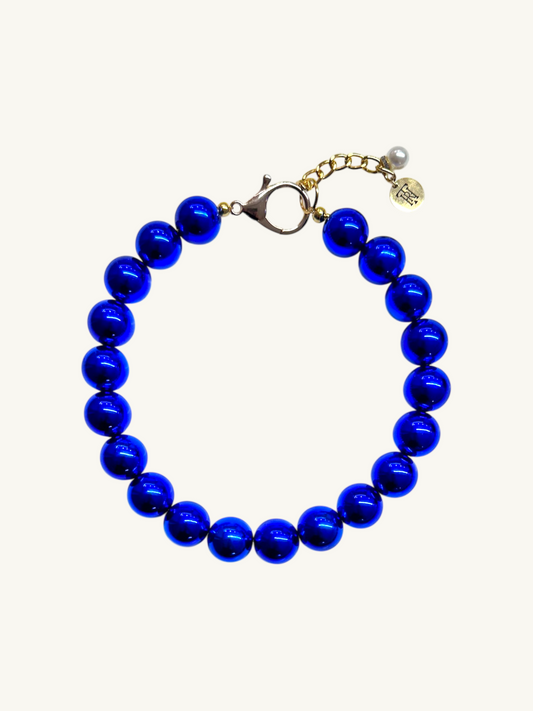 pet luxury metallic, in midnight blue,  beaded necklaces handmade in New York City.