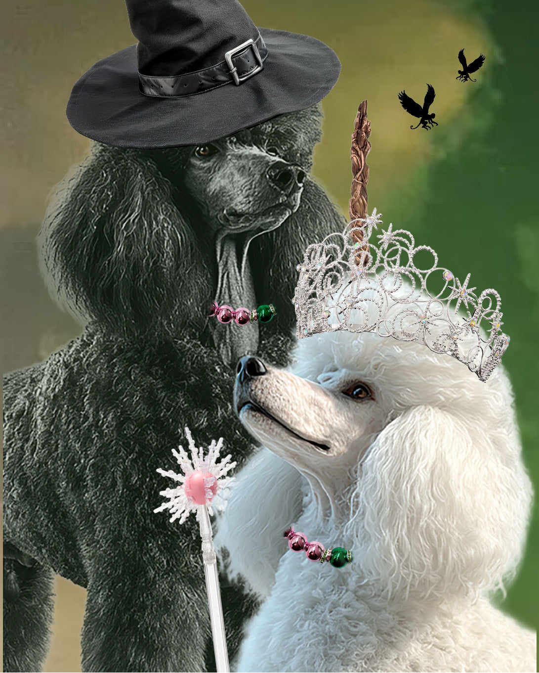Two poodles, one in a witch hat and the other in a tiara, with decorative wands against a green background.