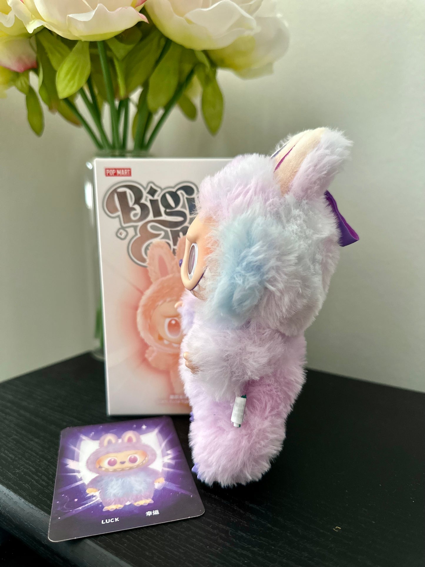 Plush toy with a card and box on a surface with flowers in the background