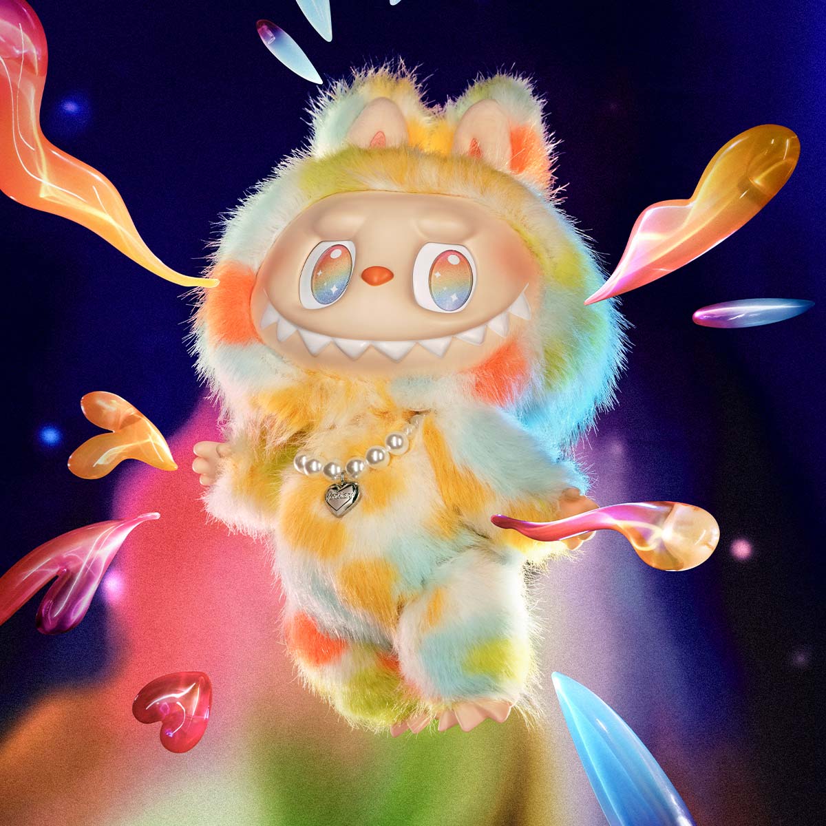 Colorful plush toy with a heart-shaped necklace against a dark background