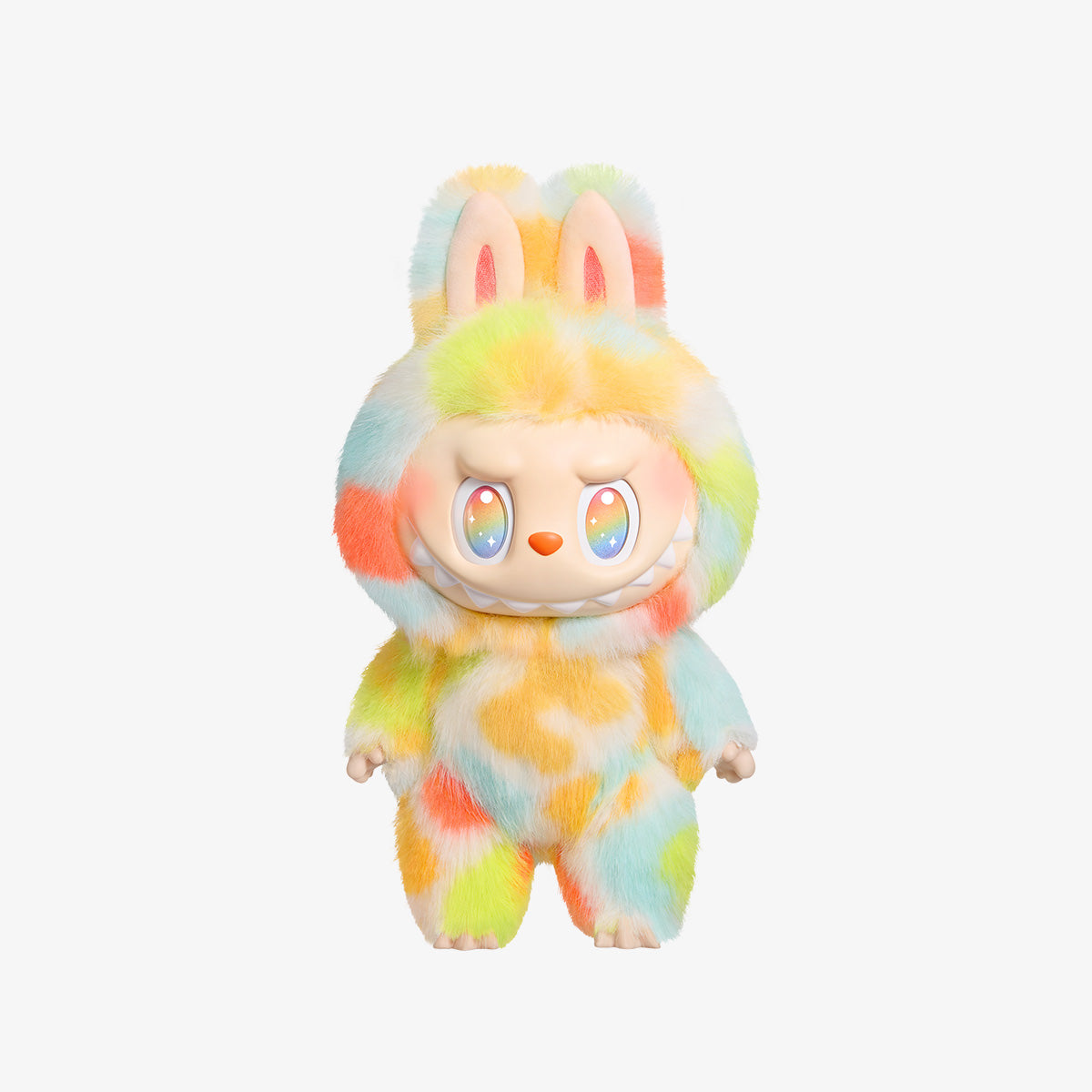 Colorful plush toy with bunny ears on a white background