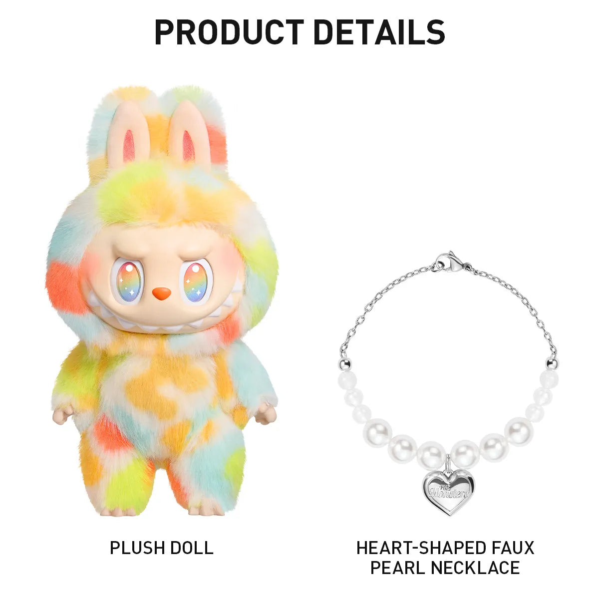 Colorful plush doll and heart-shaped faux pearl necklace on a white background