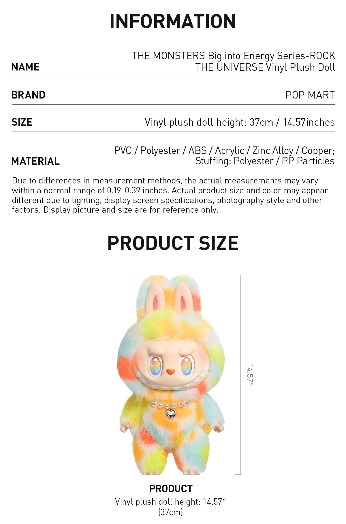 Product information card for a vinyl plush doll with dimensions and material details.