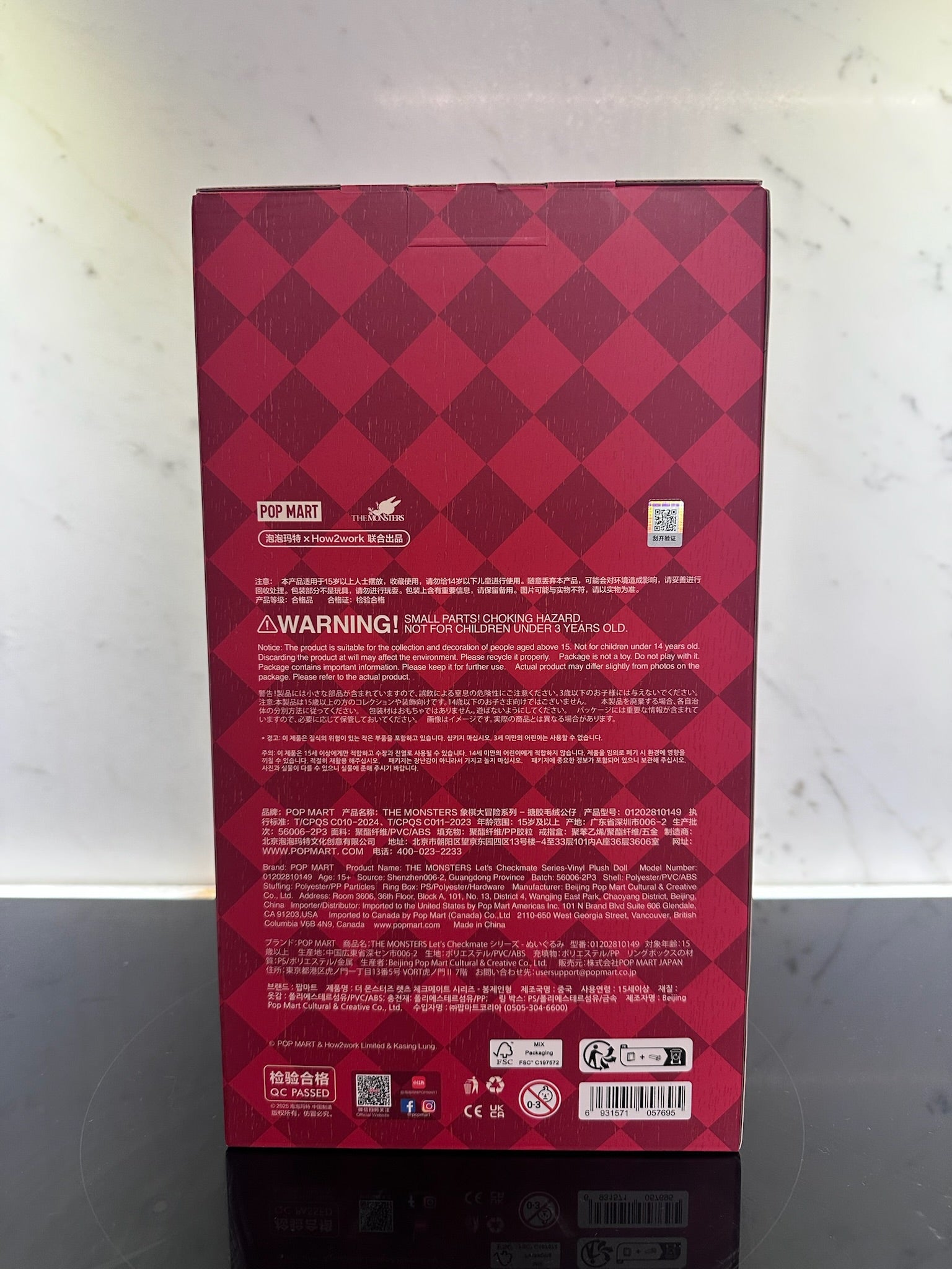 Red checkered box with text and symbols on a white background