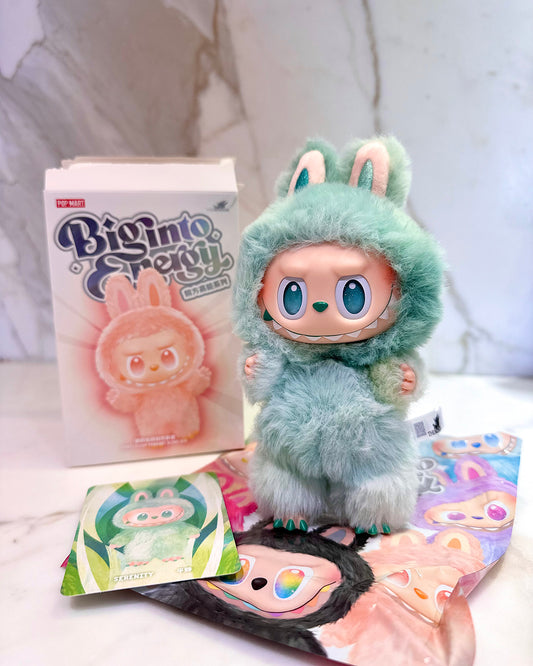 Plush toy with bunny ears and a product packaging featuring a cartoon character on a white surface.