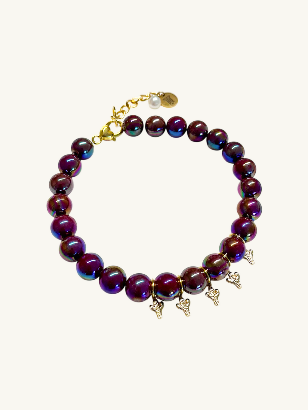Brown AB color of pet luxury beaded necklaces for dogs and cats with cactus gold charms.