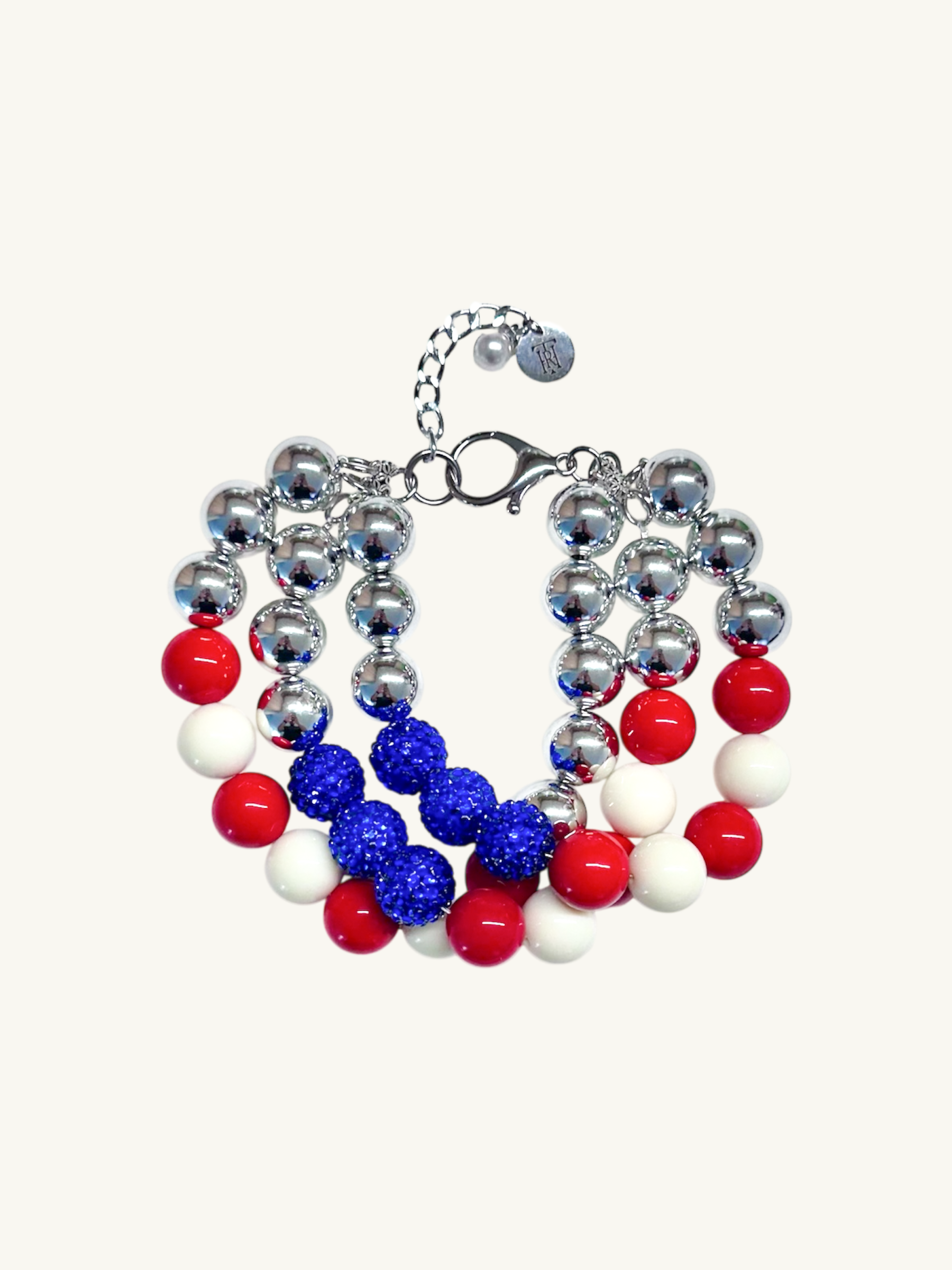 three layered pet luxury beaded necklaces that mimics the american flag.
