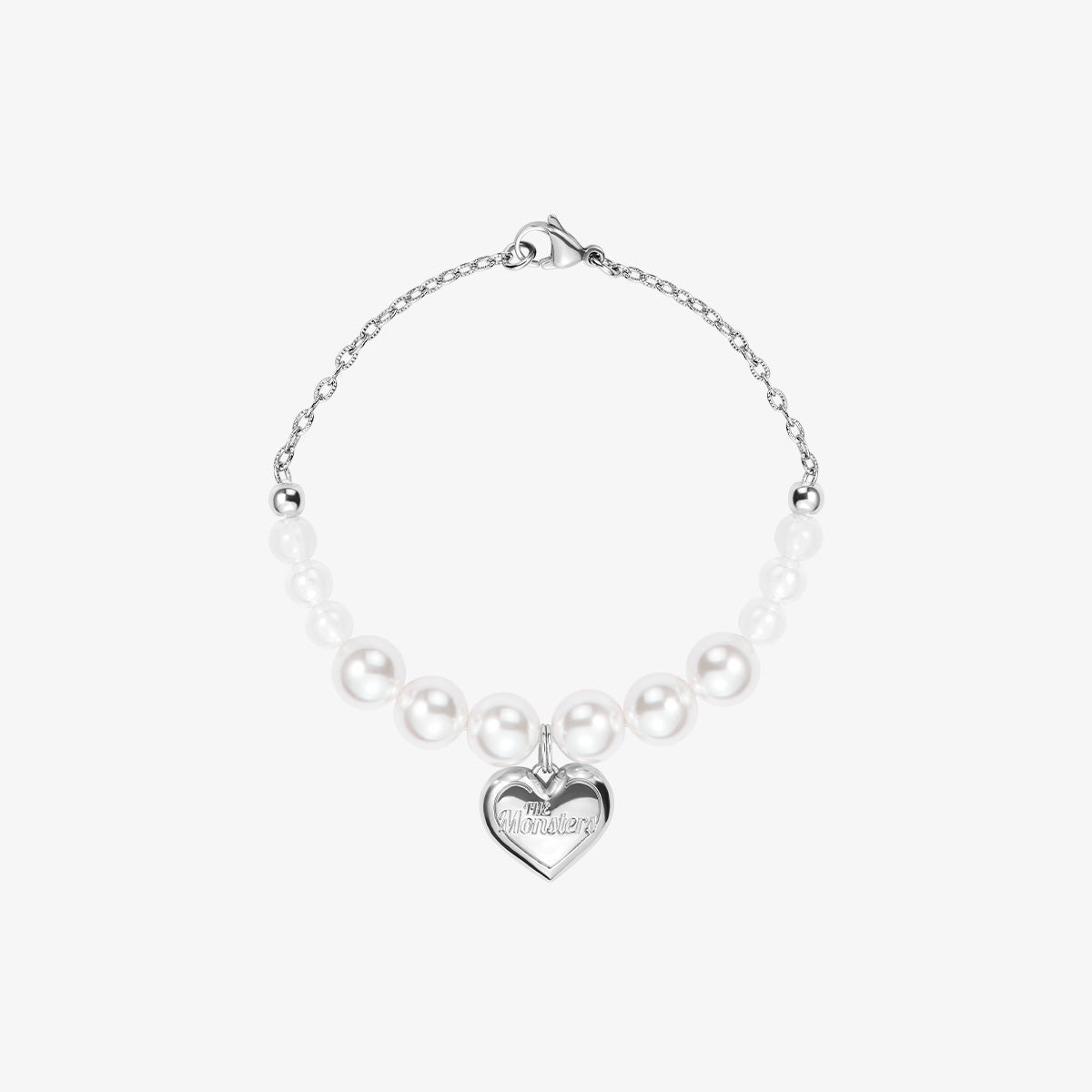 Silver bracelet with a heart-shaped tag on a white background
