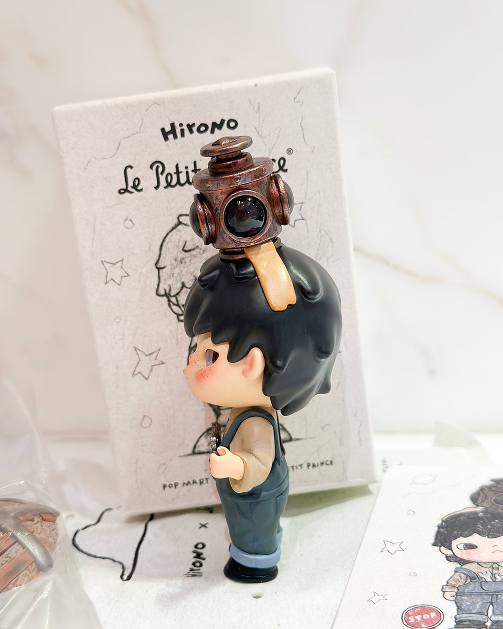 Toy figure with a gas mask on a white background