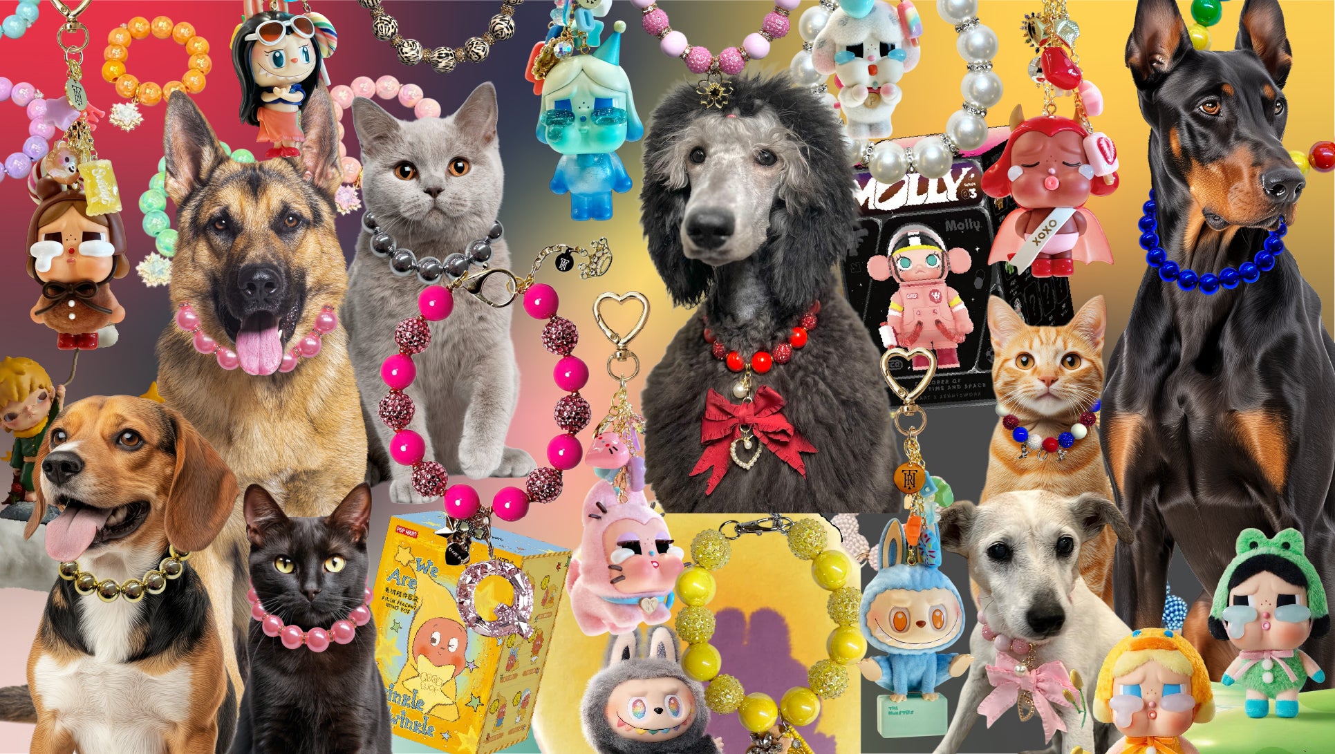 Collage of dogs and cats wearing various necklaces and accessories on a colorful background.