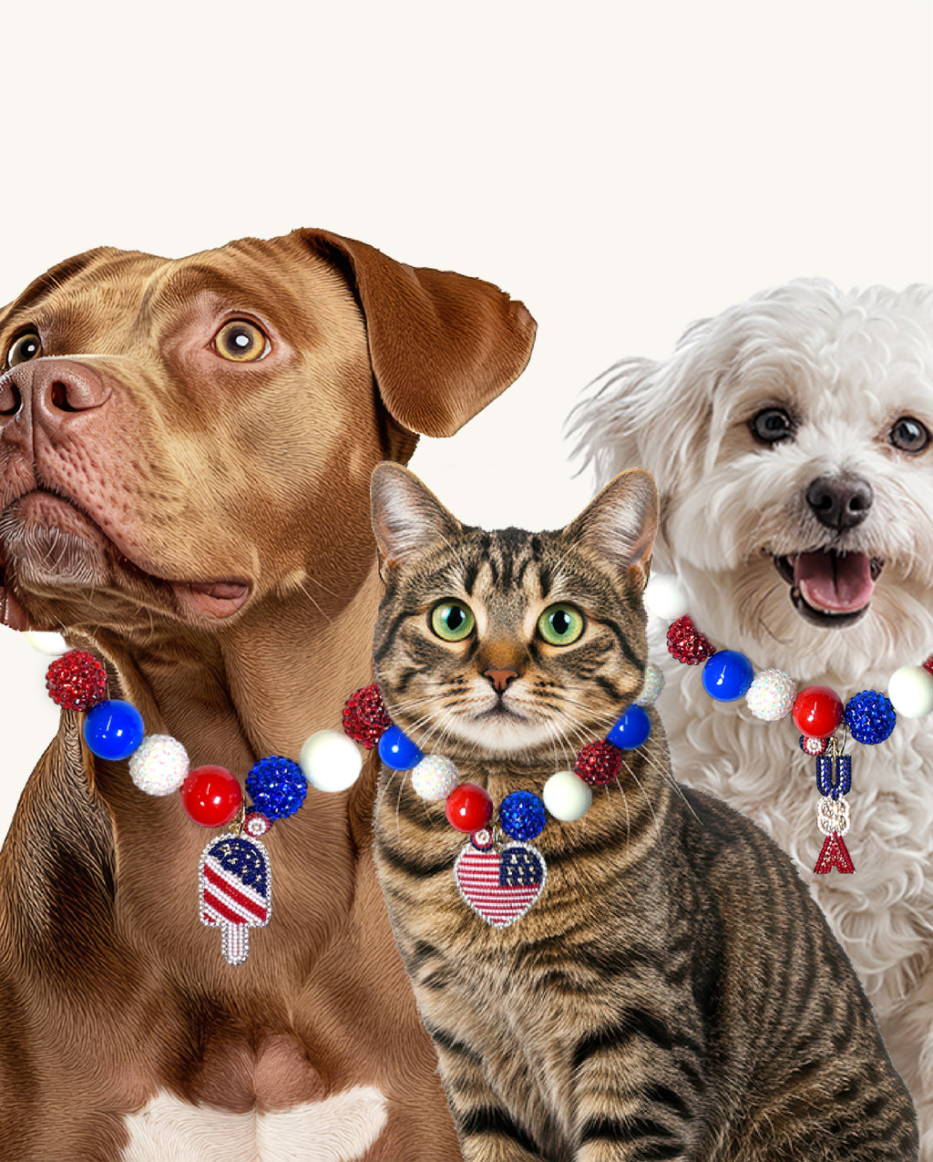 dogs and cats wearing pet-safe luxury beaded necklaces.