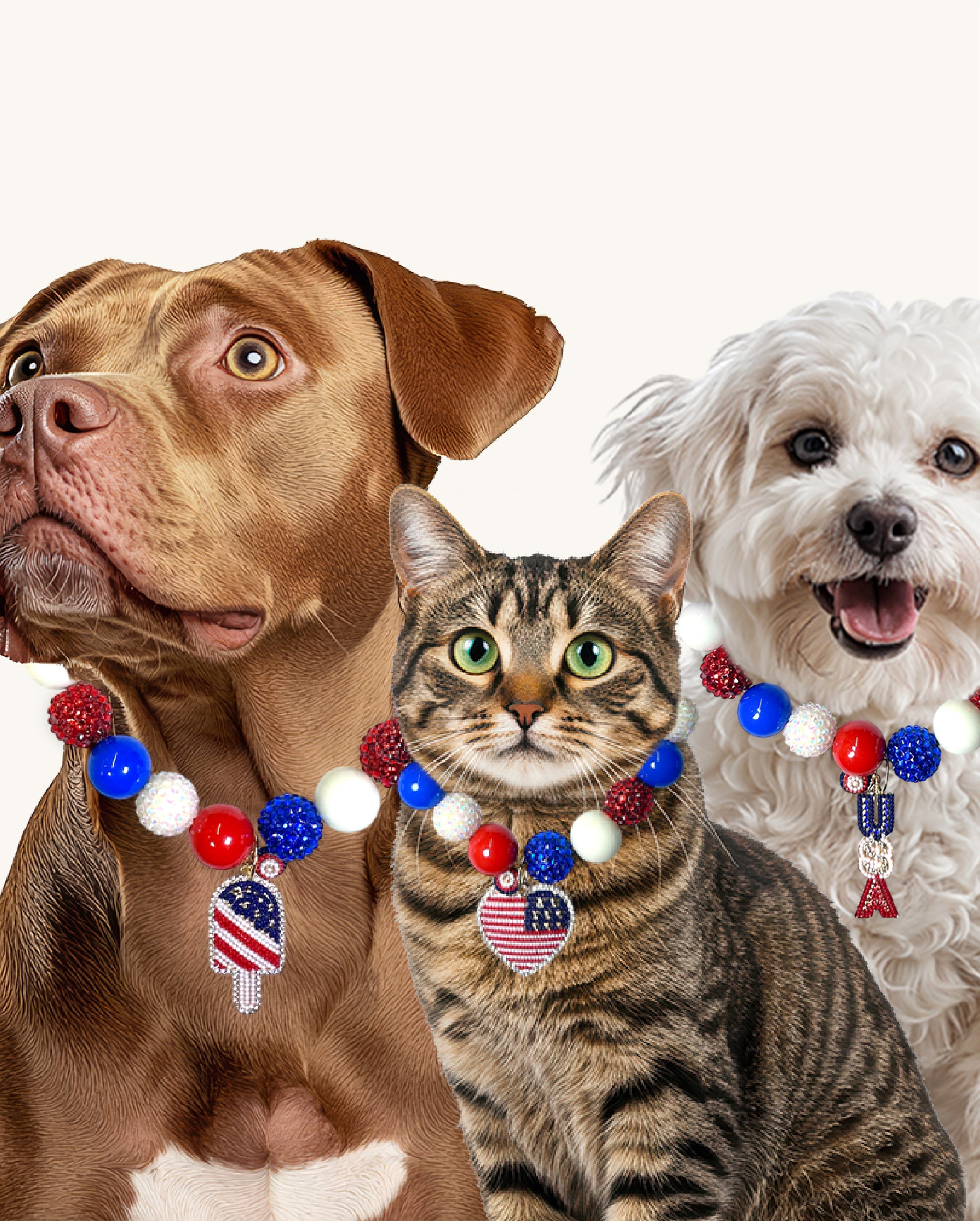 dogs and cats wearing pet-safe luxury beaded necklaces.